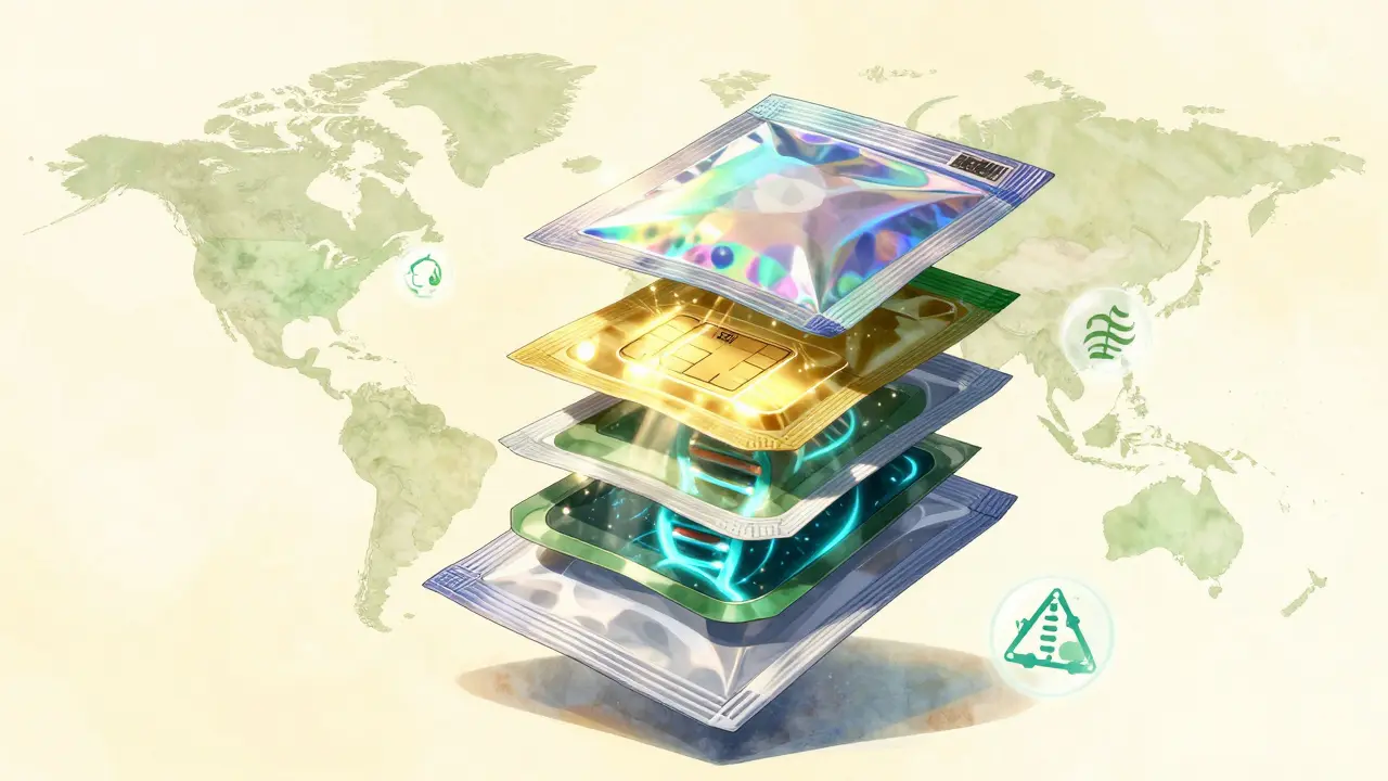 Multi-layered drug package floating with hologram, NFC, and DNA security features