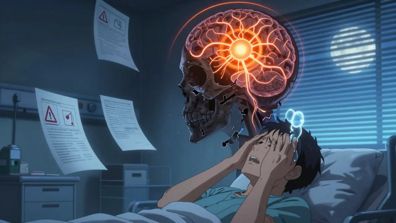 Patient clutching head in pain, glowing neural networks behind them resembling brain pressure.