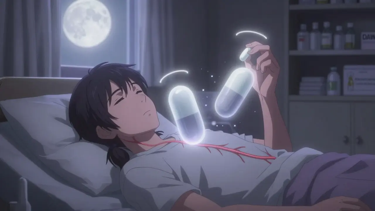 Patient holding a pill at night, translucent bloodstream showing stable vs. unstable drug molecules.