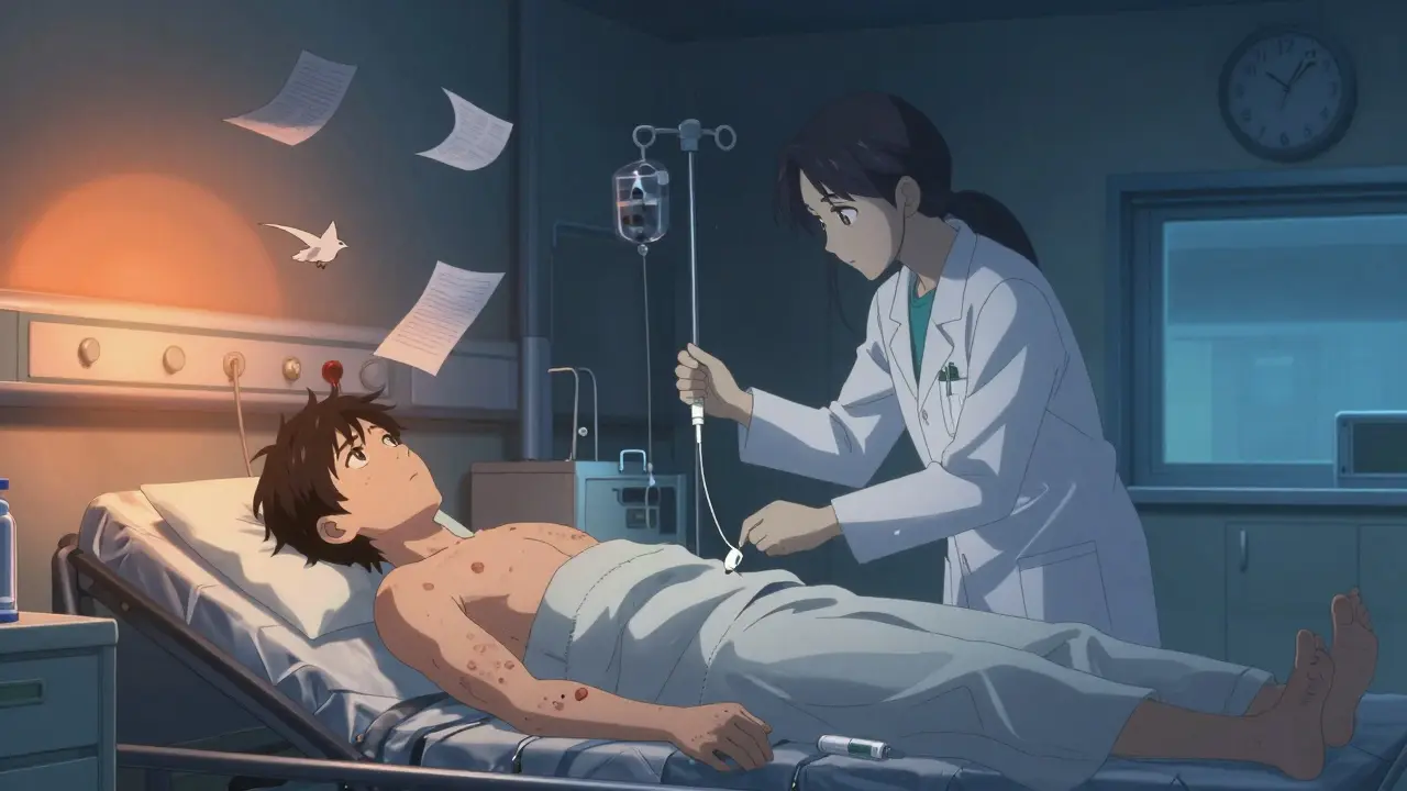 Patient in ER with ghostly double representing biphasic reaction under cold hospital lights.