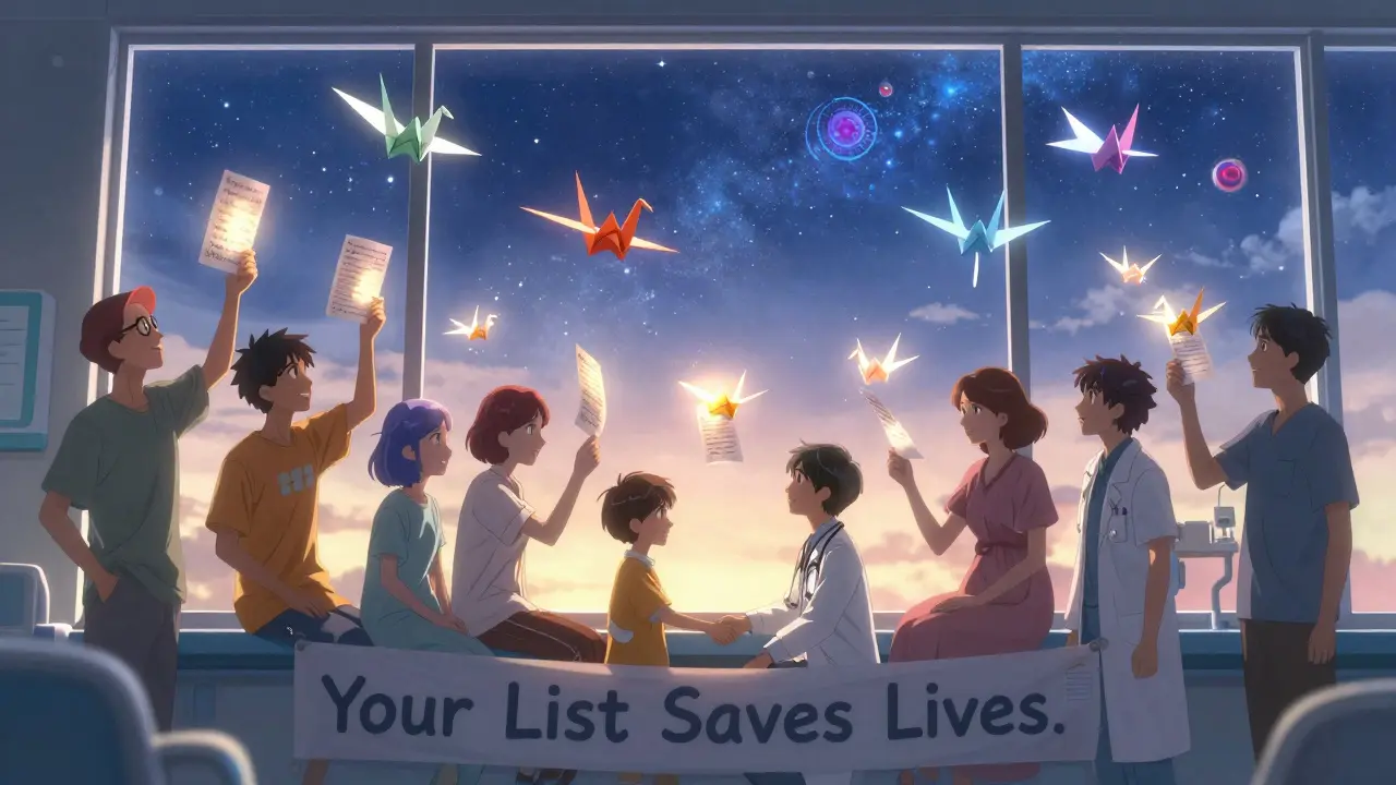 Patients holding medication lists that become cranes flying toward antibody-drug conjugates in sky