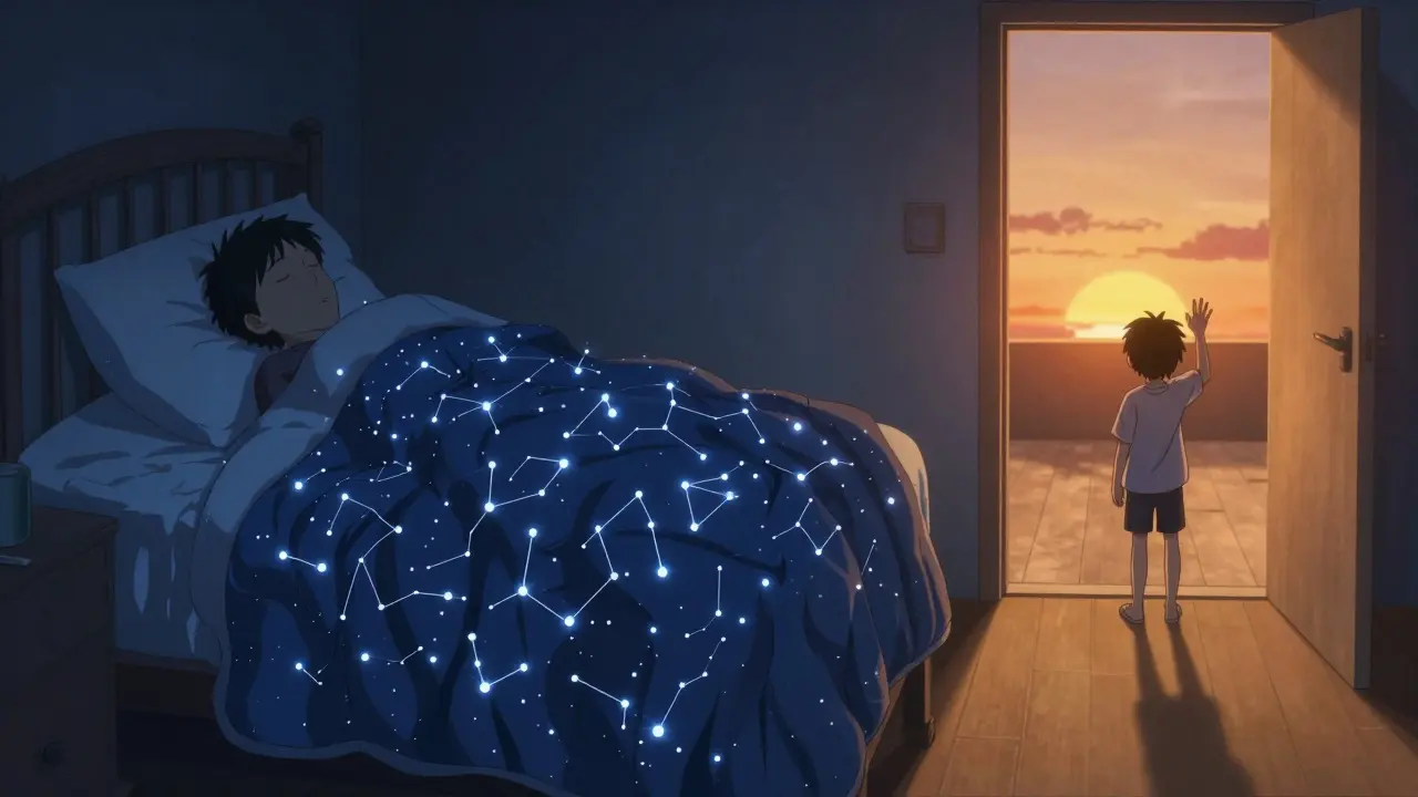 Person sleeping as cortisol molecules glow in the room, dawn symbolizing recovery.