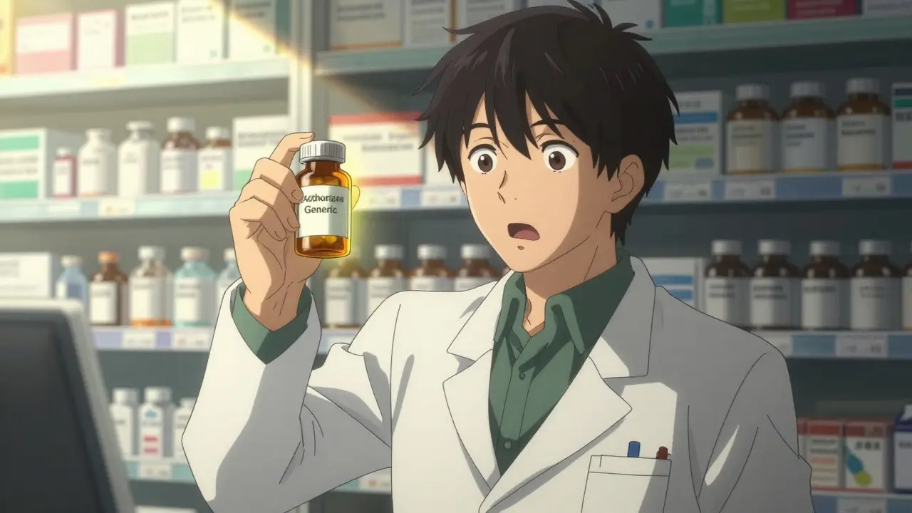 Pharmacist holding a bottle with a glowing 'Authorized Generic' label, sunlight casting sharp shadows.