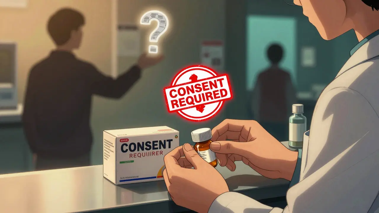 Pharmacist placing generic and brand pills on counter with a consent stamp hovering above in state-shaped glow.