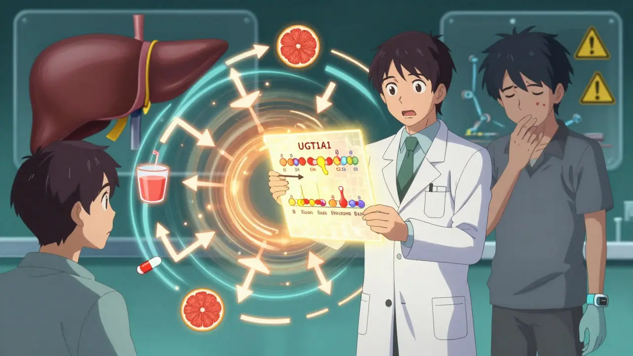 Pharmacist showing genetic drug interaction chart to patient, glowing pathways around them