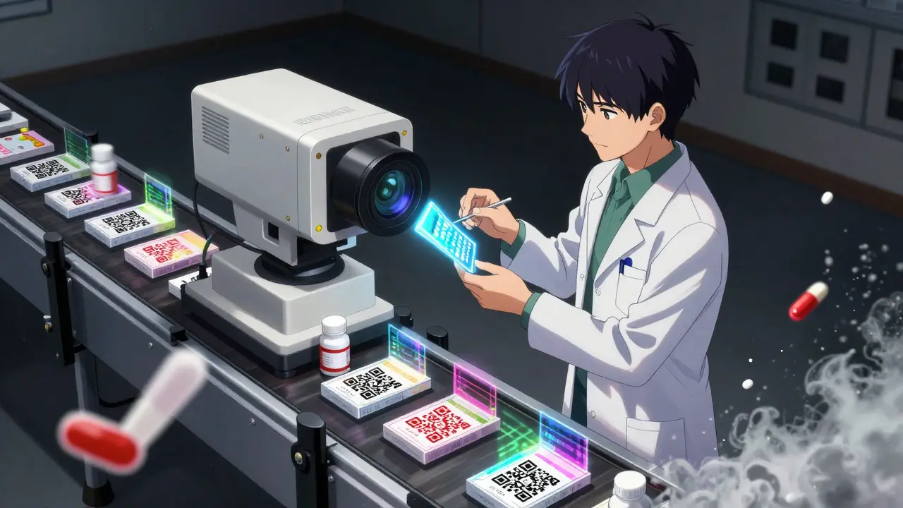 Pharmacist watching AI camera scan drug packages with digital markers
