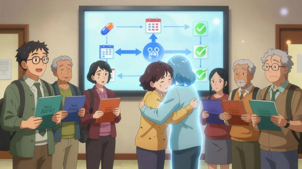 Seniors in community center receiving help from counselor, state program folders in hand.