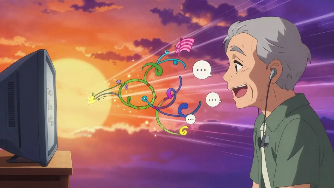 Split scene: a senior alone with a TV vs. smiling while hearing their granddaughter’s laughter through hearing aids.