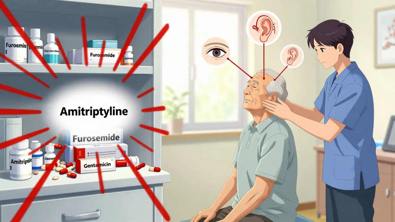 Split scene: chaotic medicine cabinet on one side, calm vestibular therapy session on the other, showing contrast between risk and recovery.