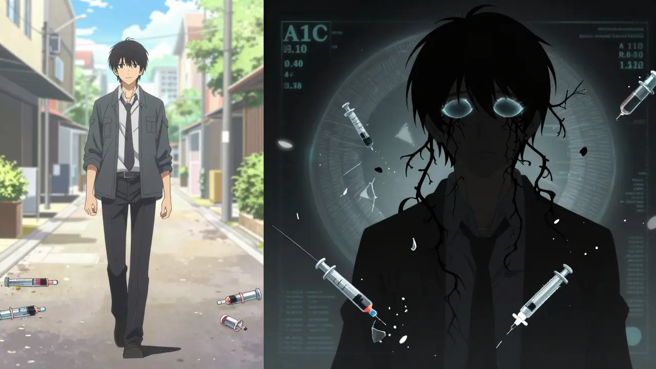 Split scene: healthy vision vs. retinal damage from diabetes, with floating medical symbols between the two realities.