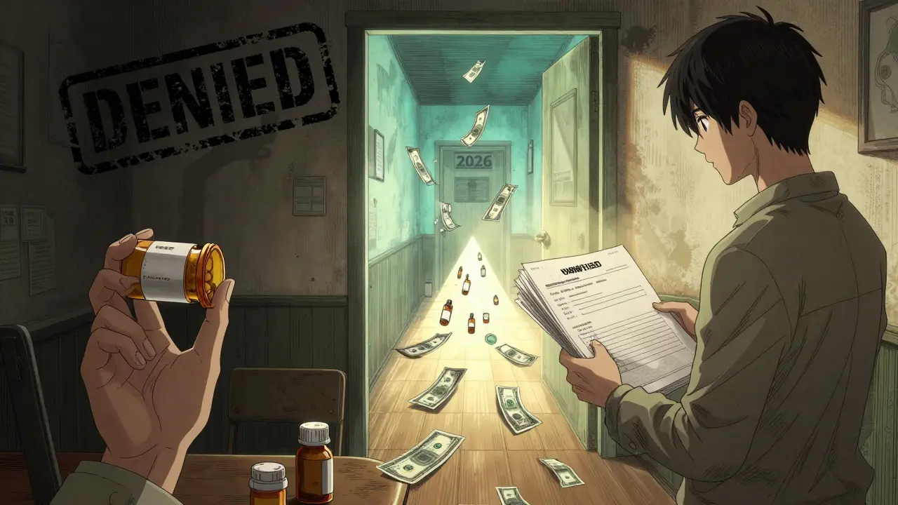 Split scene: person denied medication on left, approved and hopeful on right with glowing path.