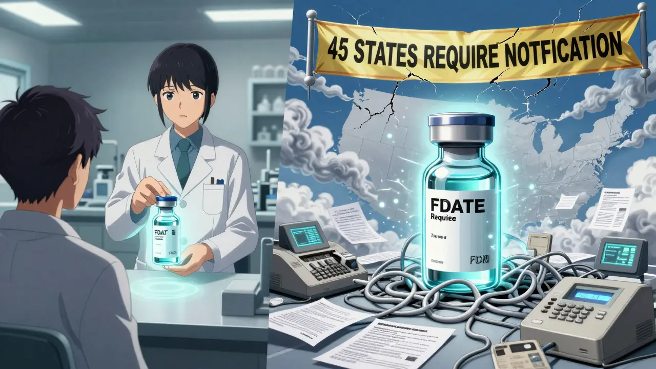 Split-screen of biosimilar vial transforming into fax machines and notifications under glowing FDA seal.