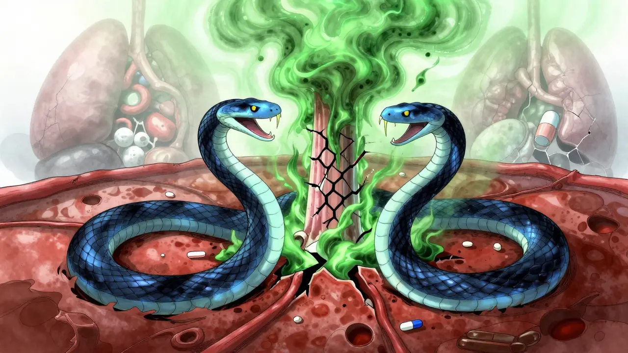 Surreal internal body scene with two drugs as serpents destroying an enzyme tower, toxic green fog rising.