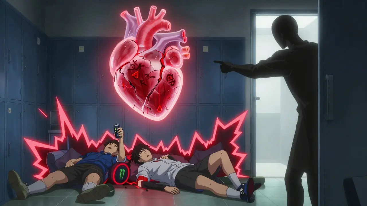 Three teens collapsed in a locker room, surrounded by blood pressure shockwaves and a cracked glowing heart above them.