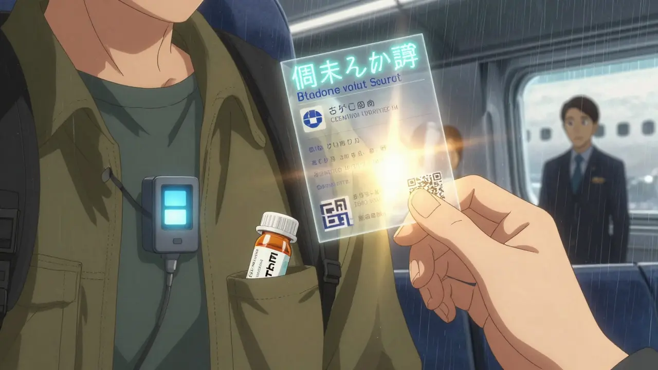 Traveler boarding a plane with EpiPen in pocket and glowing QR code above prescription bottle.