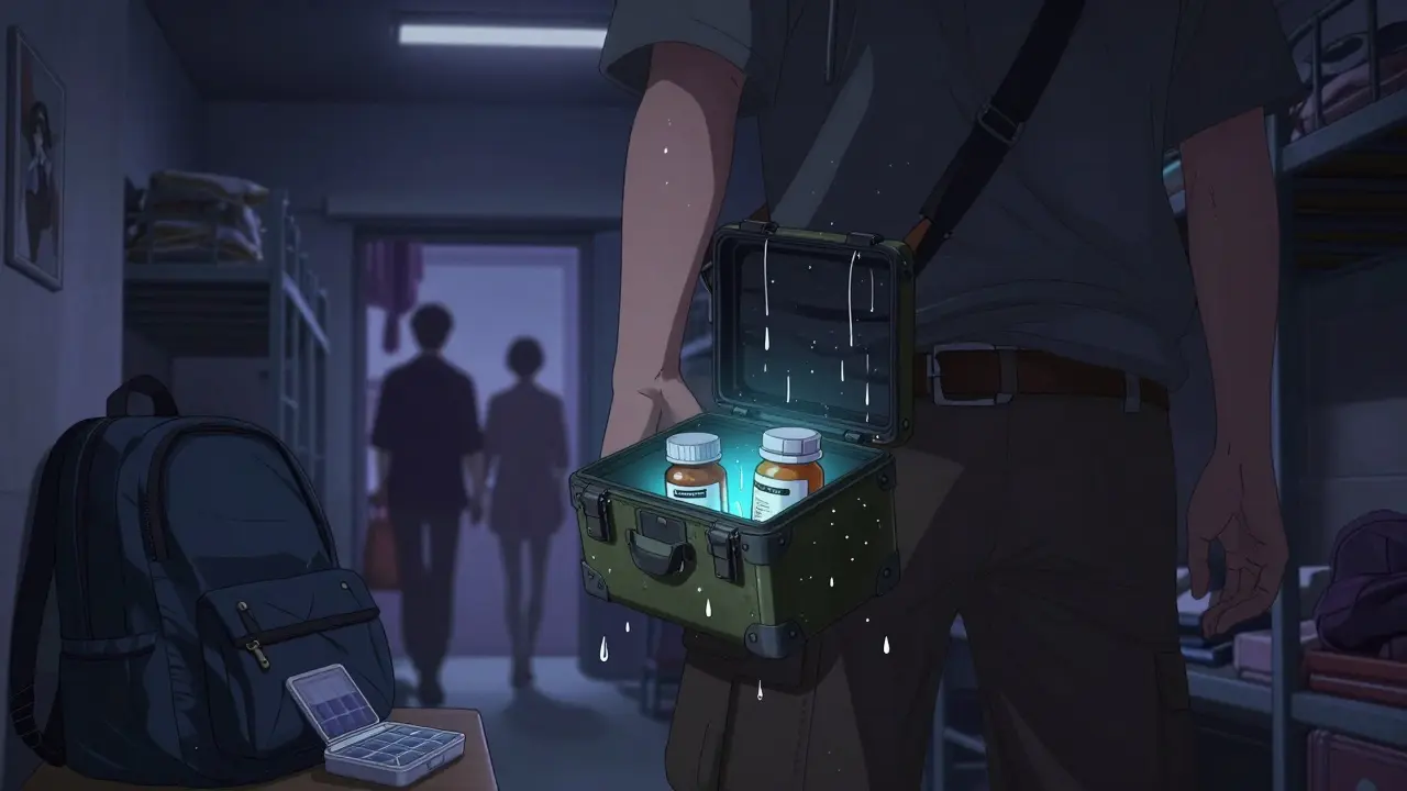 Traveler in a hostel dorm carrying a portable lock box clipped to their belt, shadows of others nearby.