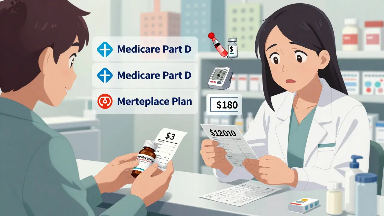Two people at a pharmacy counter, one holding a low-cost prescription, the other shocked by a high bill.