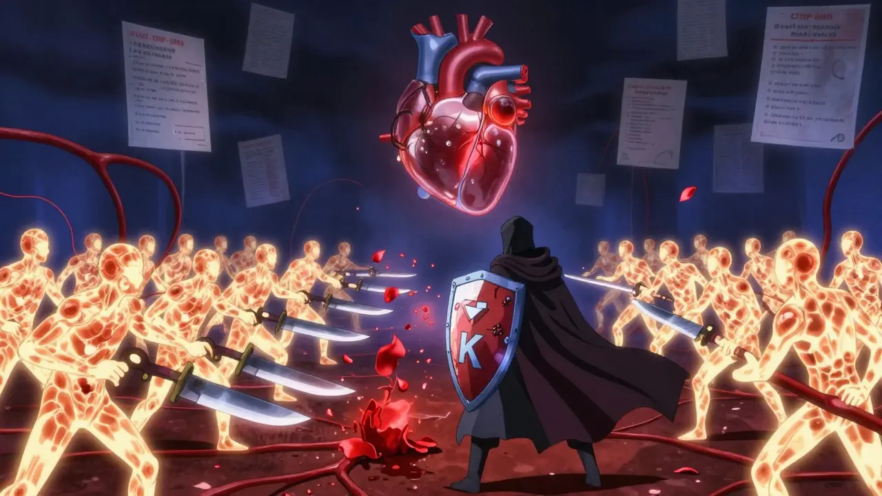 Warrior battles TMP-SMX soldiers inside body, vitamin K shield against enzyme knives, mechanical heart valve in distance.