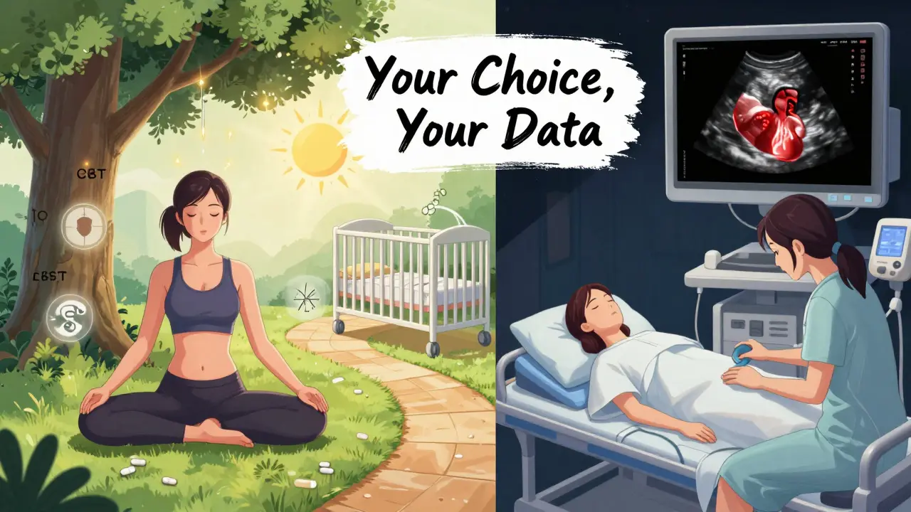 Woman choosing between non-drug therapies and medical monitoring during pregnancy.