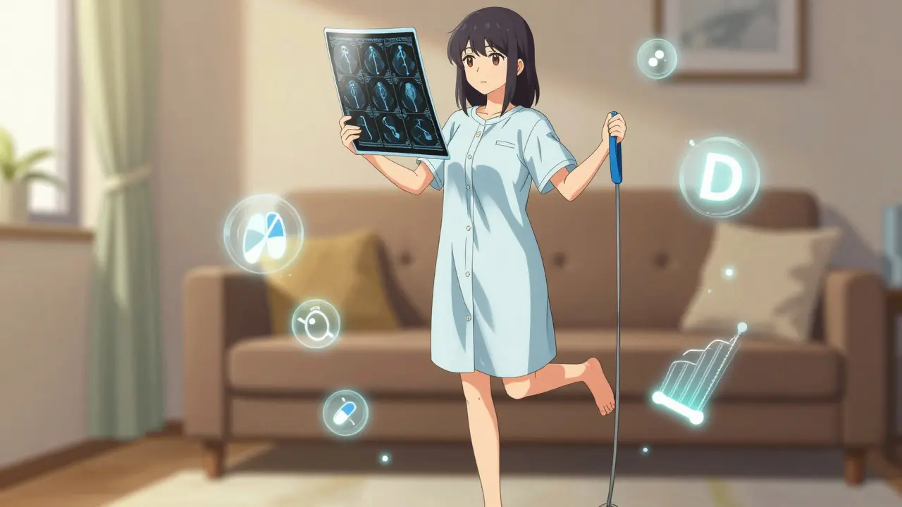 Woman doing a balance exercise while floating health icons surround her.