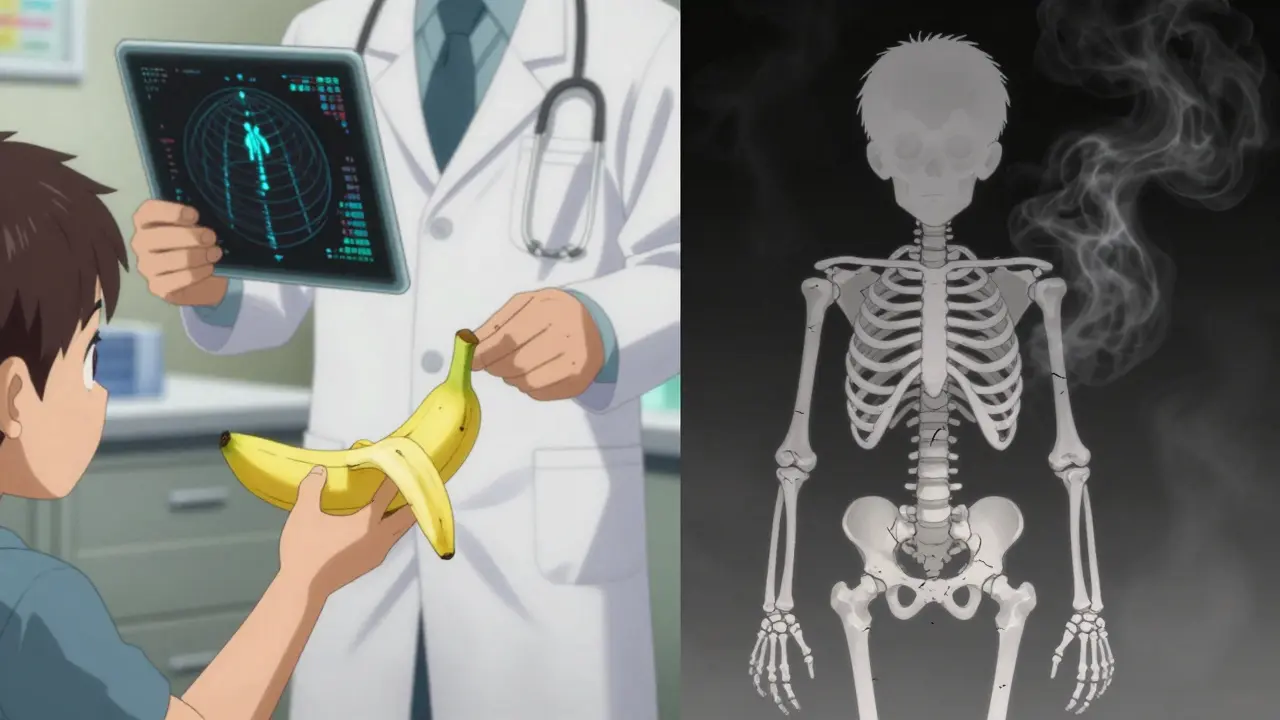 A child’s hand reaching for food while their skeleton fades, showing bone loss from long-term steroid use in pediatric patients.