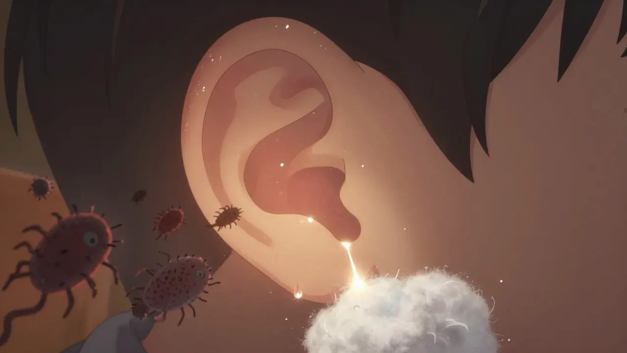 A glowing ear canal with antibiotic drops flowing inside, repelling shadowy bacteria.