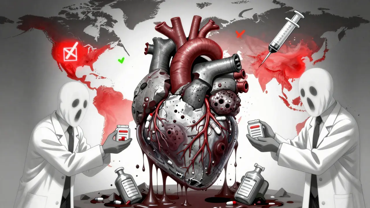 A heart made of crumbling concrete, veins filled with sludge, as ghostly figures distribute fake medicine.