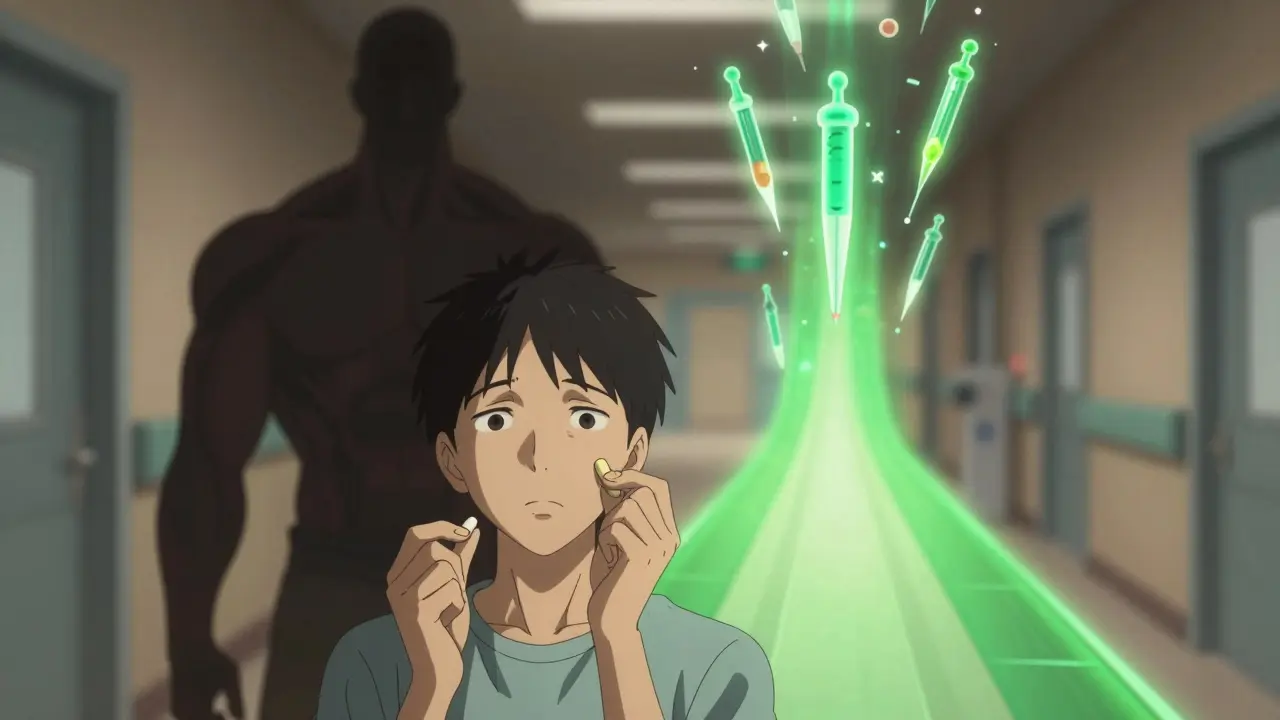 A person holding two pills as muscle pain looms behind, with PCSK9 injectables glowing in the sky above.