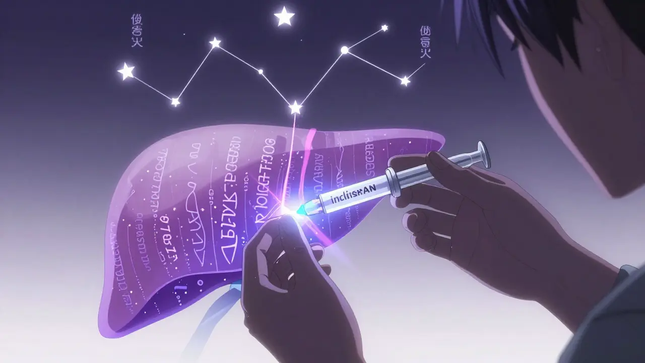 A person receiving a single injection as RNA strands silence PCSK9 proteins, with glowing receptor pathways above.