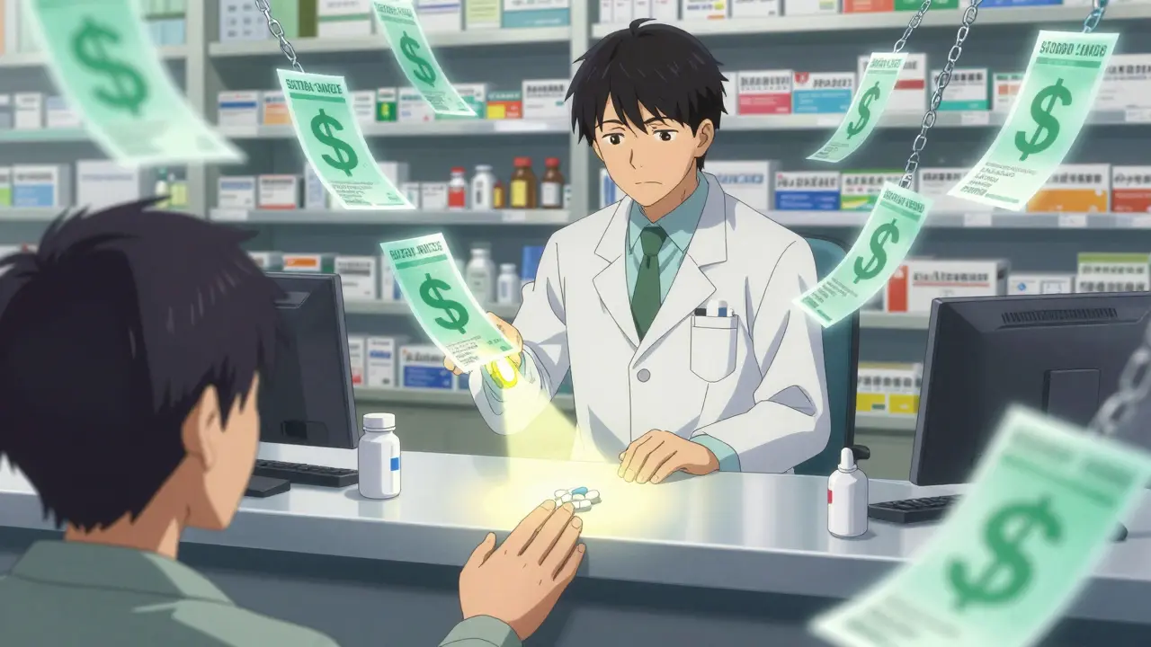 A pharmacist faces conflicting insurance rebates as a patient reaches for a low-cost generic pill.