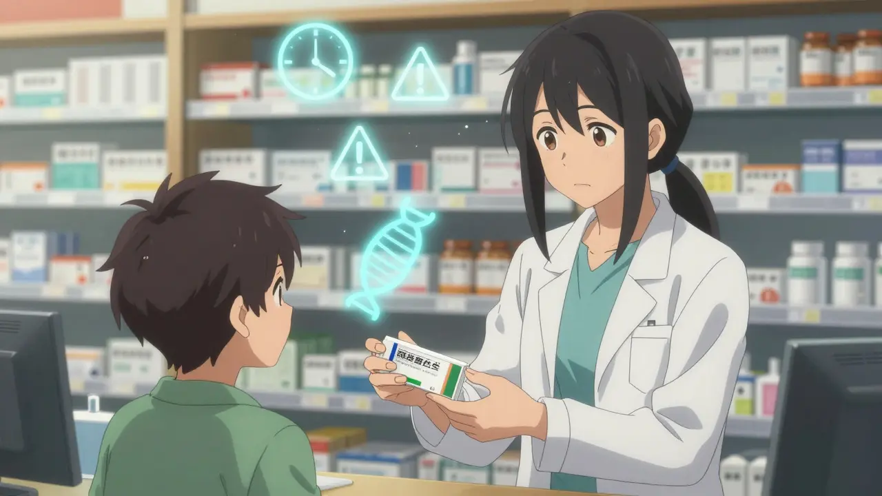 A pharmacist handing a new prescription as faded medications glow with symbolic decay icons.