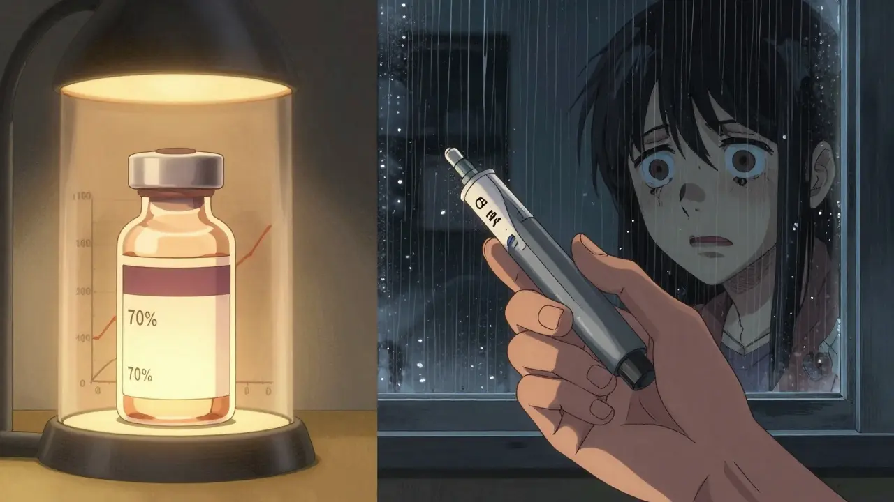 A trembling hand holding an expired EpiPen beside a glowing insulin vial with potency graph.