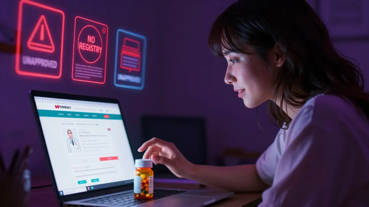 A woman hesitating before taking a pill from a suspiciously packaged bottle, glowing laptop screen beside her.