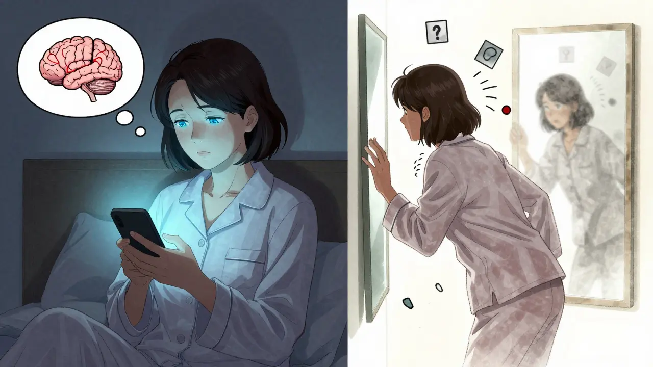 A woman in pajamas staring at her phone at 2 a.m., with a blurred reflection showing memory loss and dizziness.