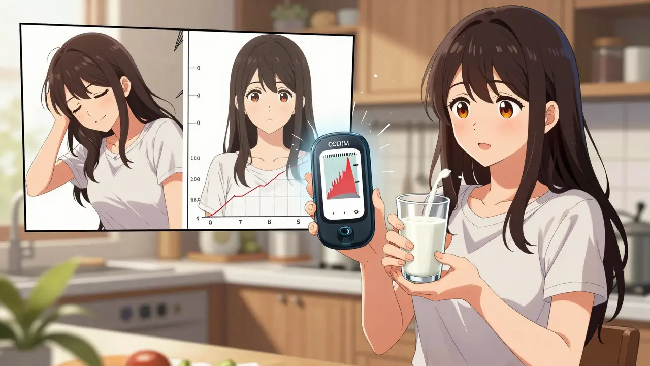 A woman sees her glucose spike after drinking almond milk, with visions of past fatigue and future stability beside her.