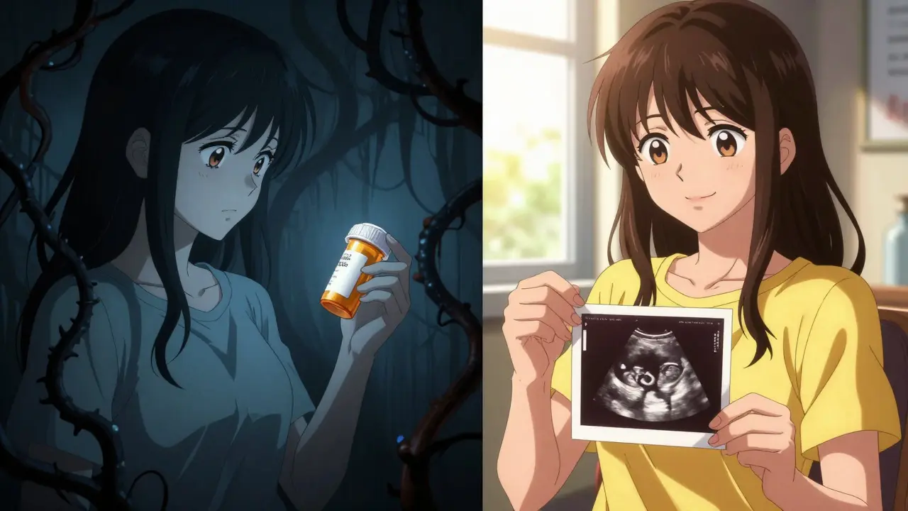 A woman transitions from dangerous medication to a safer alternative with folic acid and a healthy ultrasound.