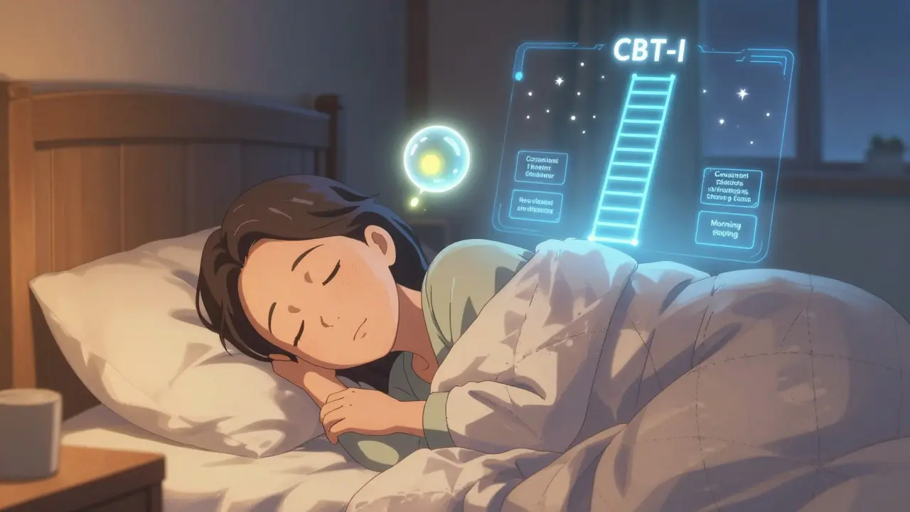 An older adult sleeping peacefully as a glowing melatonin molecule drifts near their temple, with sleep hygiene habits forming a ladder of light.