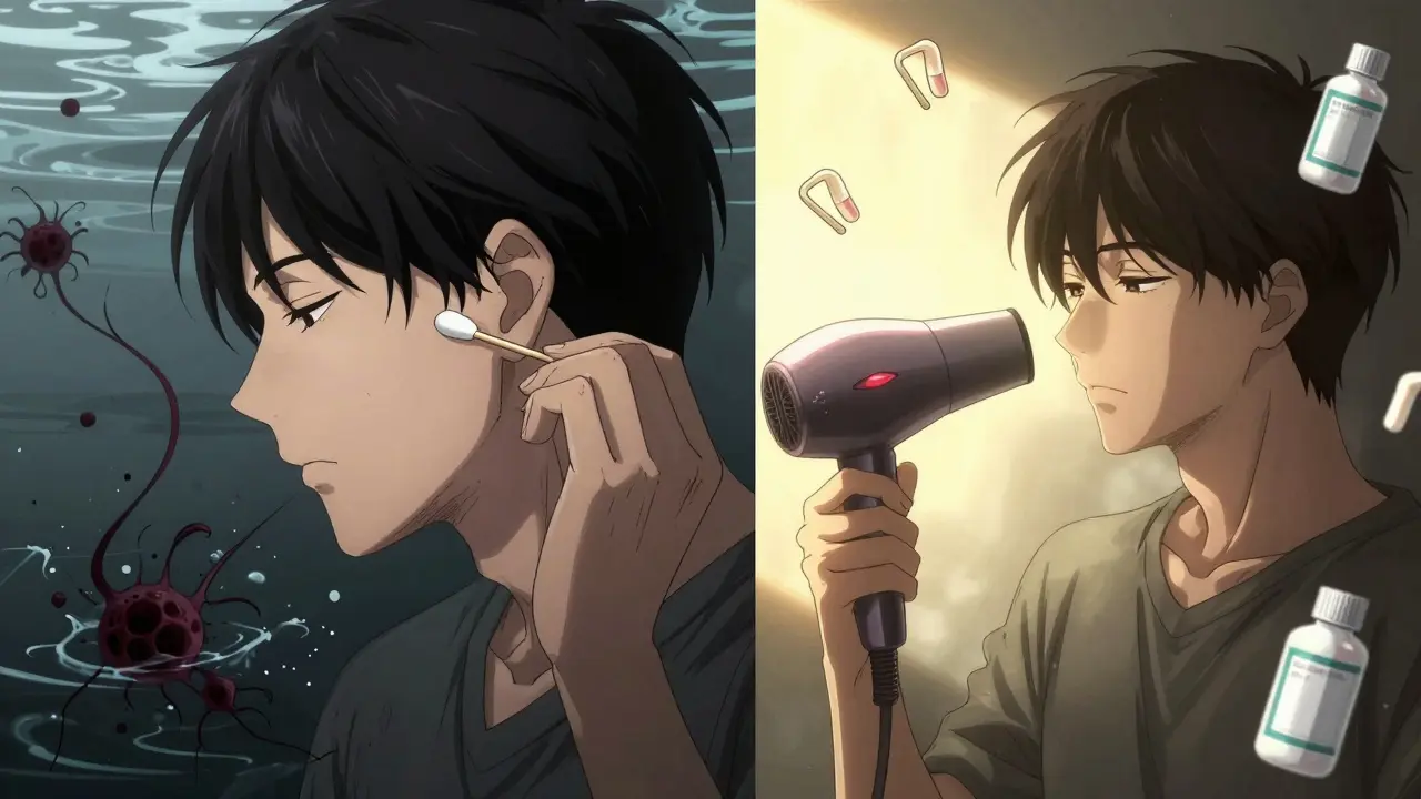 Contrasting scenes: cotton swab causing infection vs. hairdryer preventing it.