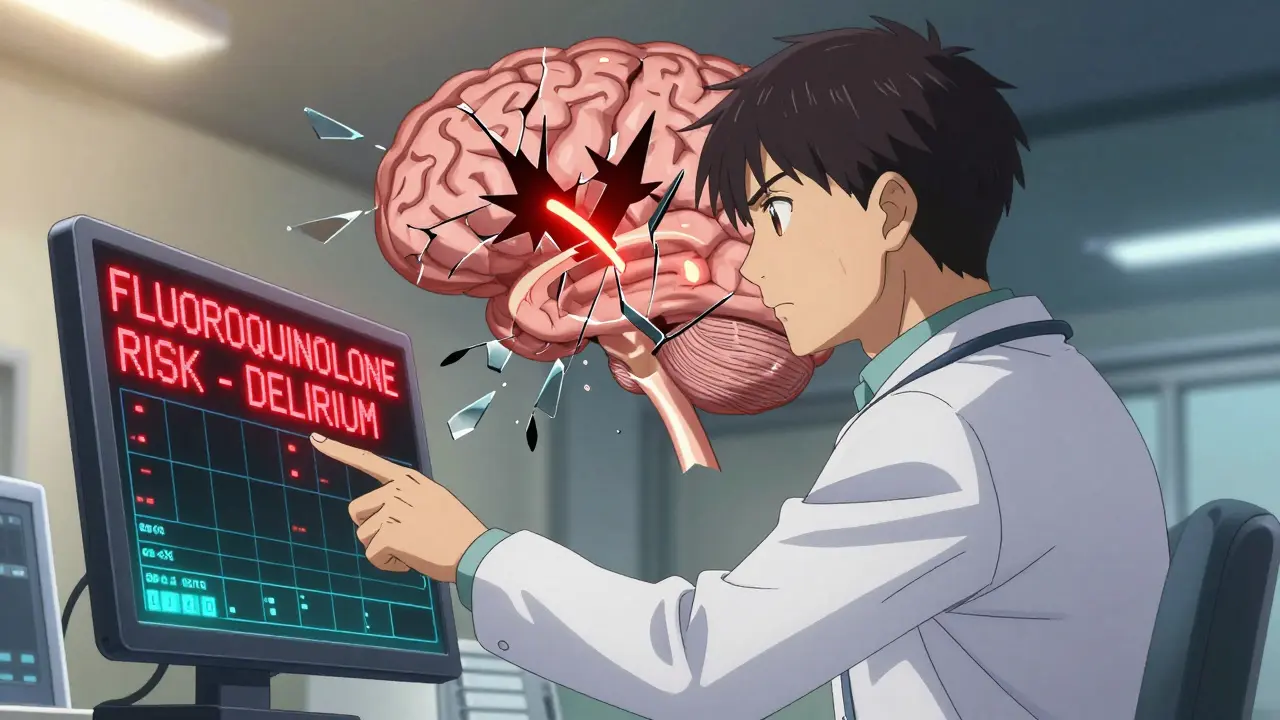 Doctor reviewing electronic health record with red delirium warning, brain illustration showing blocked GABA receptors.