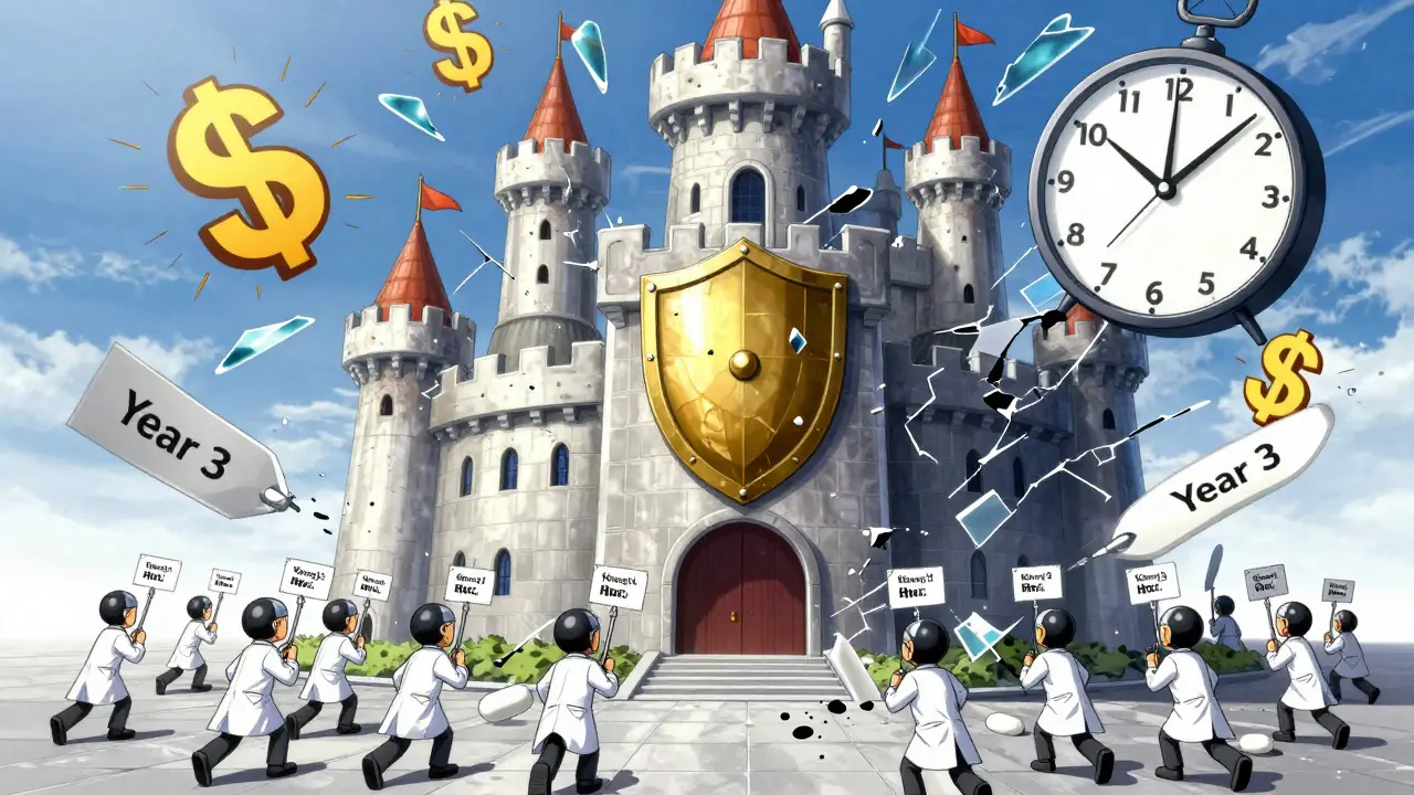 Generic drug competitors storm a patent-protected brand-name drug castle, causing price tags to shatter.