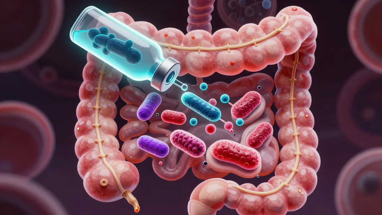 Glowing healthy bacteria transferred to restore colon microbiome.