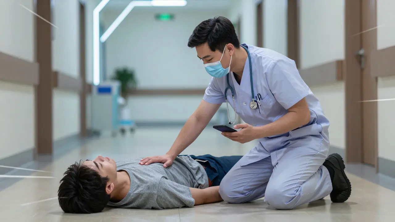 Paramedic checking pulse of person lying on side during emergency.