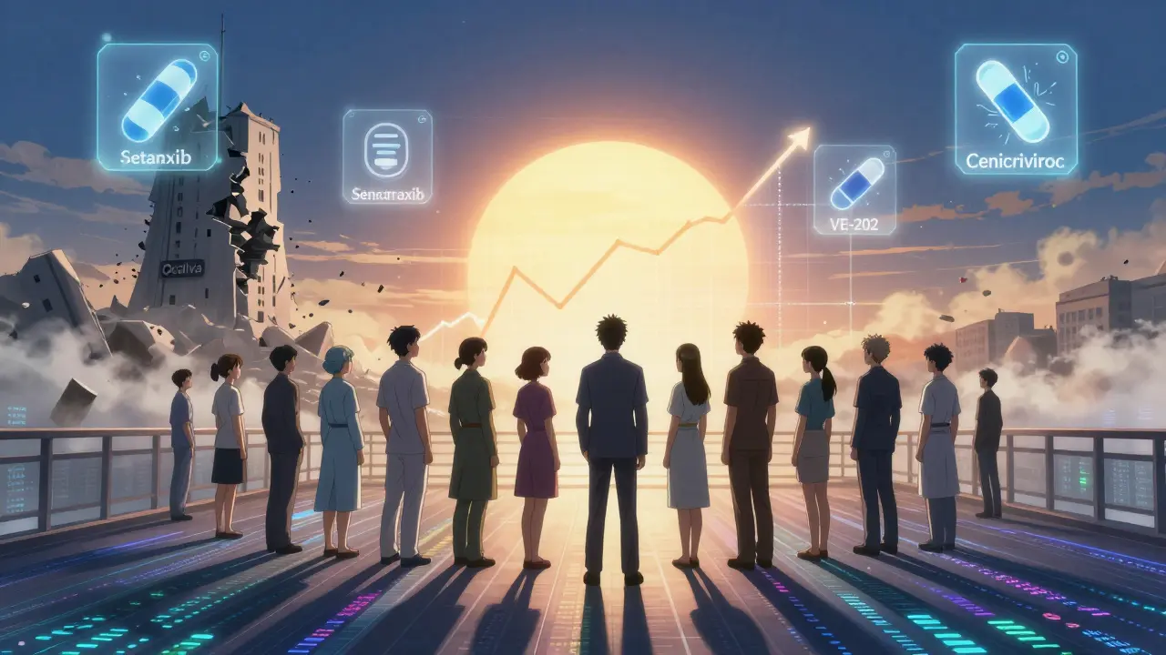 PBC patients walking toward a sunrise shaped like a health graph as old drug tower crumbles behind them.