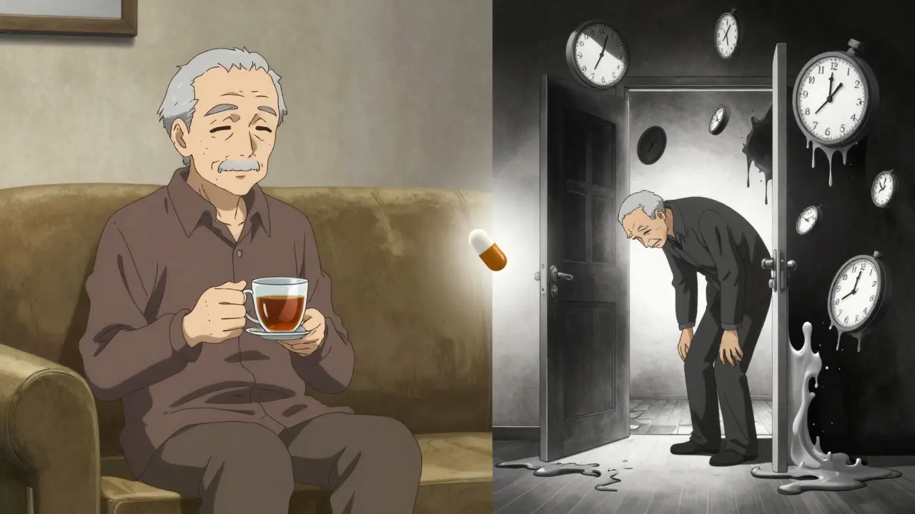 Split image: calm elderly man before and after sudden delirium, floating clocks and melting doorways symbolizing disorientation.