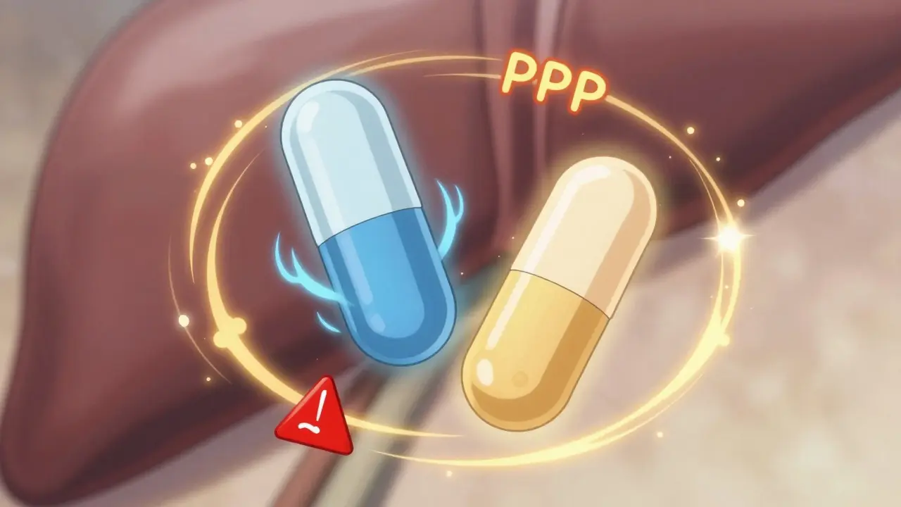 Two new PBC medications surrounded by glowing receptor patterns and warning symbols in anime style.
