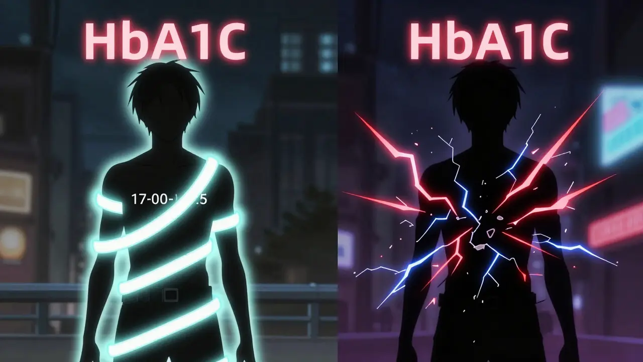 Two people with same HbA1c but different glucose patterns: one in steady range with a glowing halo, the other with chaotic spikes and drops.