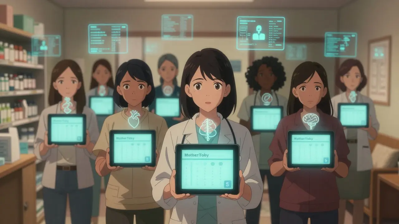 Women in various settings use digital tools to check pregnancy risk ratings for their medications.