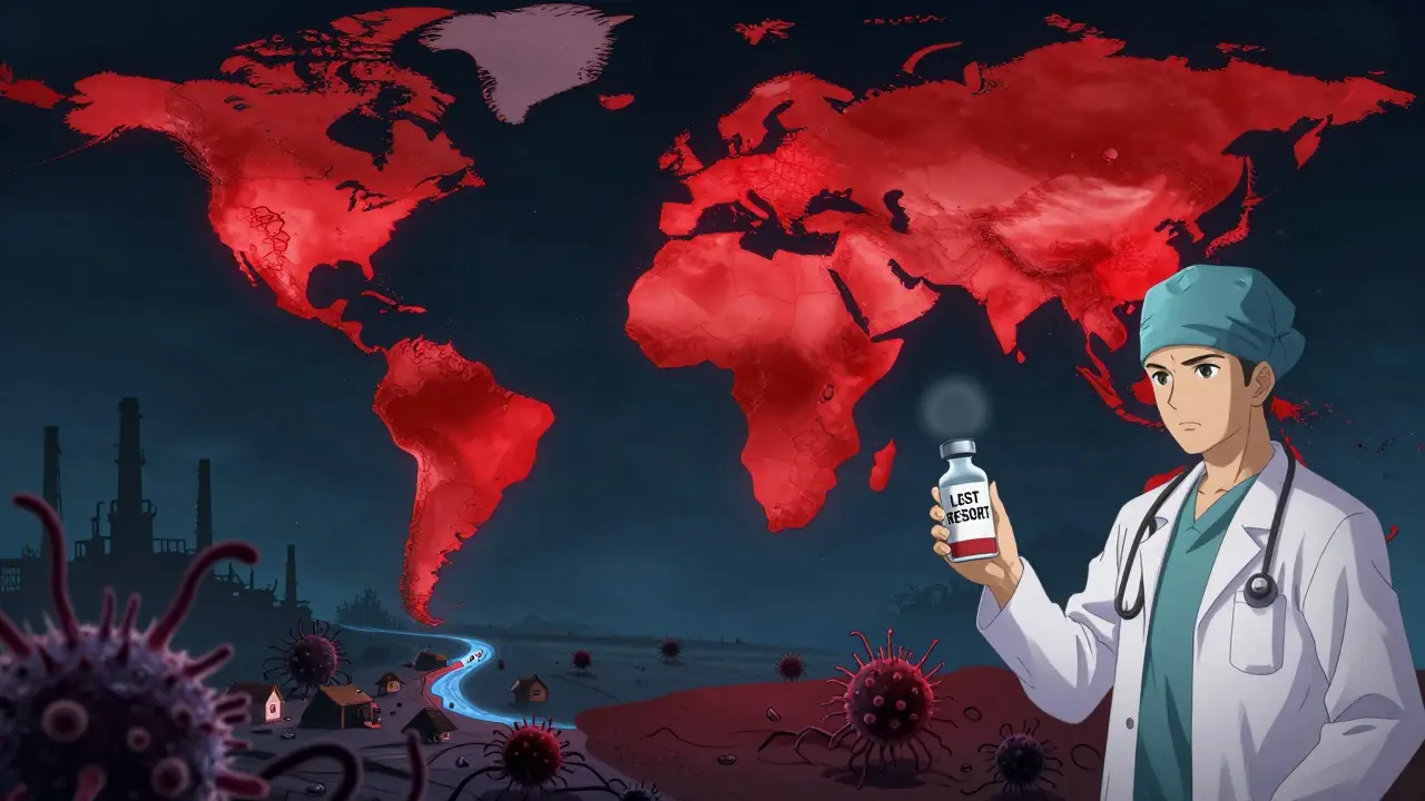 A global map shows antibiotic shortages as red zones, with a doctor holding a last-resort drug as dark tendrils spread.