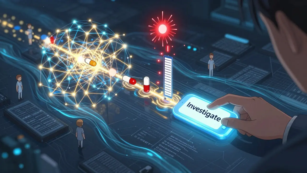 A glowing AI network analyzing patient data streams, with a red alert flashing for a generic insulin issue.