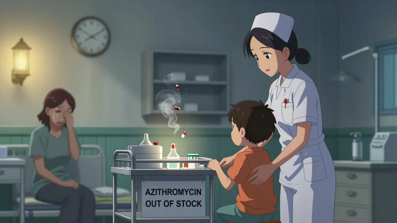 A nurse holds a sick child in a clinic, an empty medicine cart beside them as a mother cries in the corner.